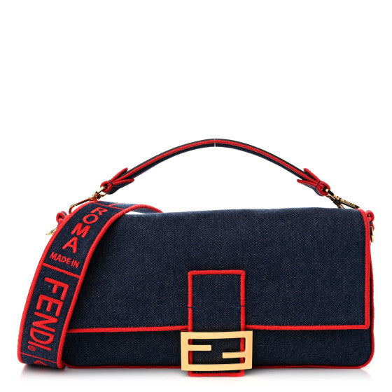 Fendi Handbag Baguette Rosso Denim Blue Large Shoulder Bag