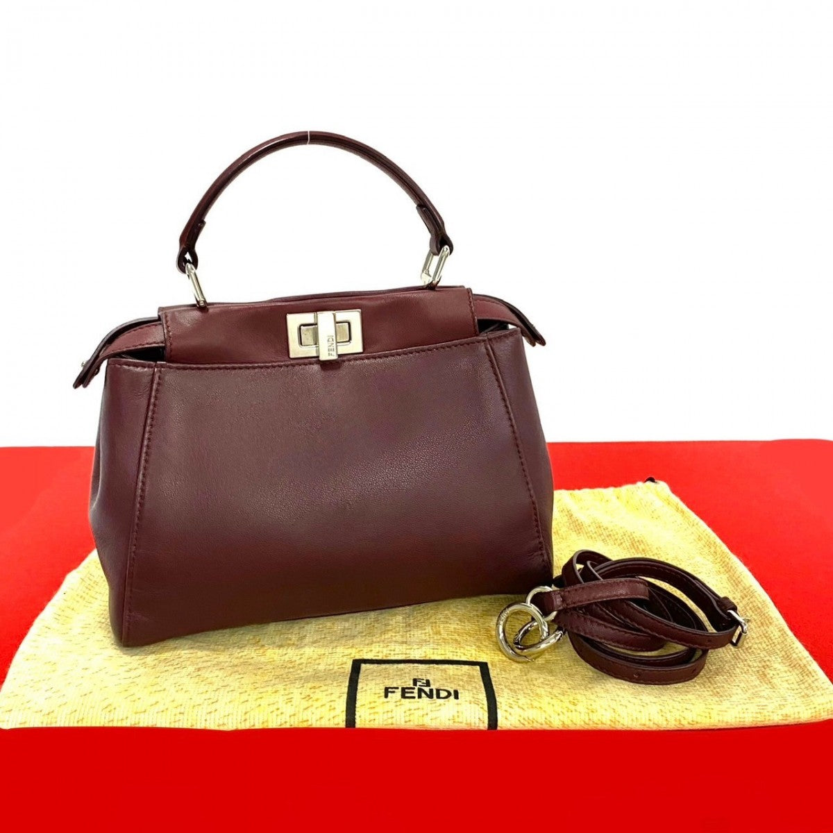 Fendi Shoulder Bag Wine Peek Boo Women Leather Red Mini