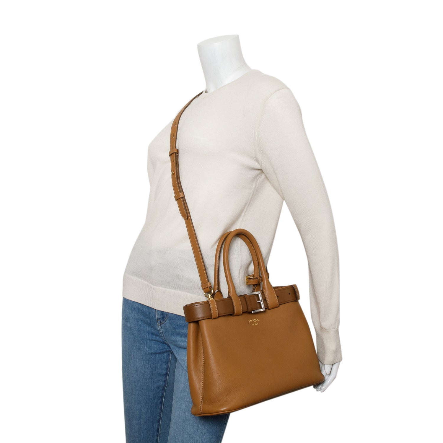 Prada Nappa Buckle Handbag Leather Brown Travel Bag
