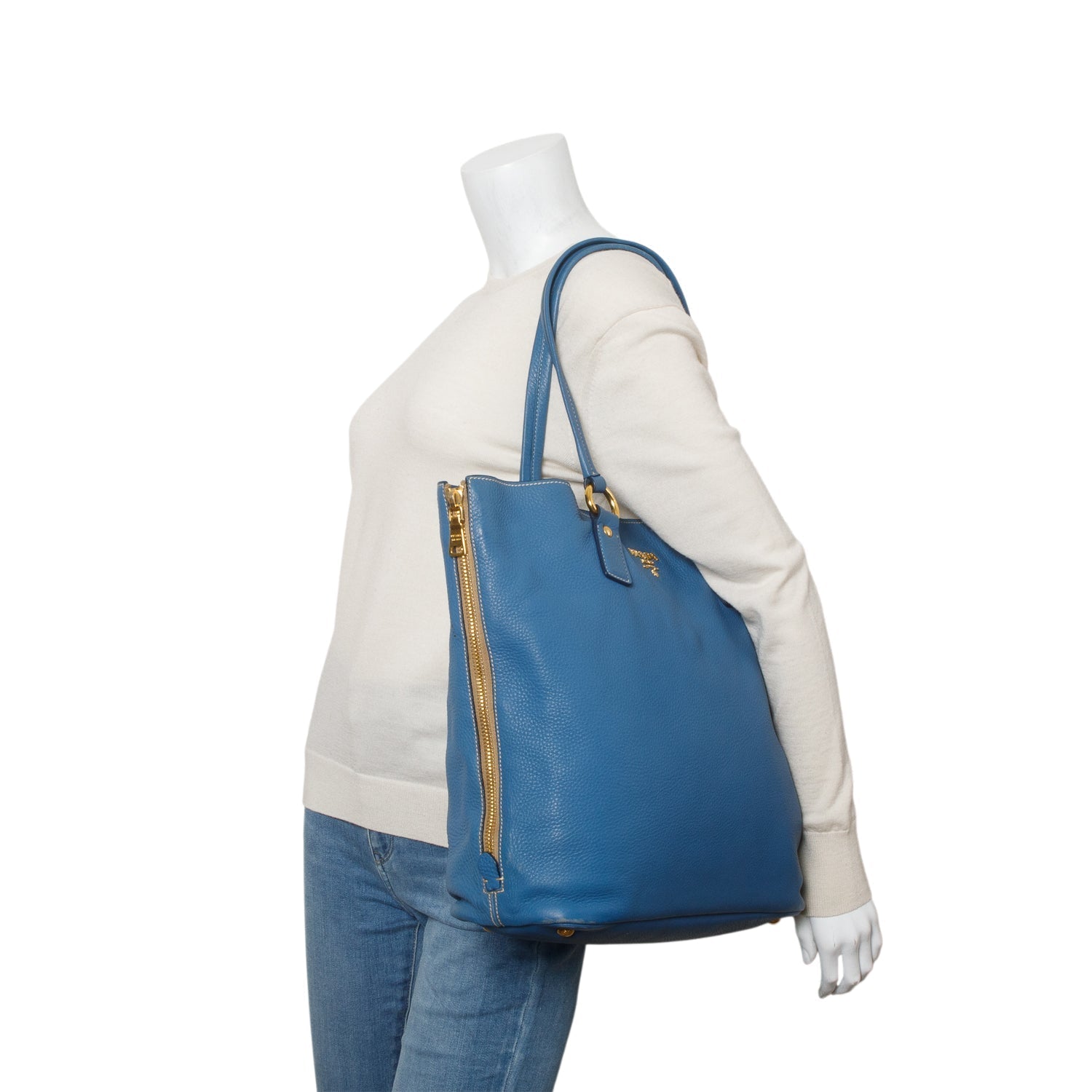 Prada Vitello Daino Size Zip Tote Handbag Blue Tote Bag