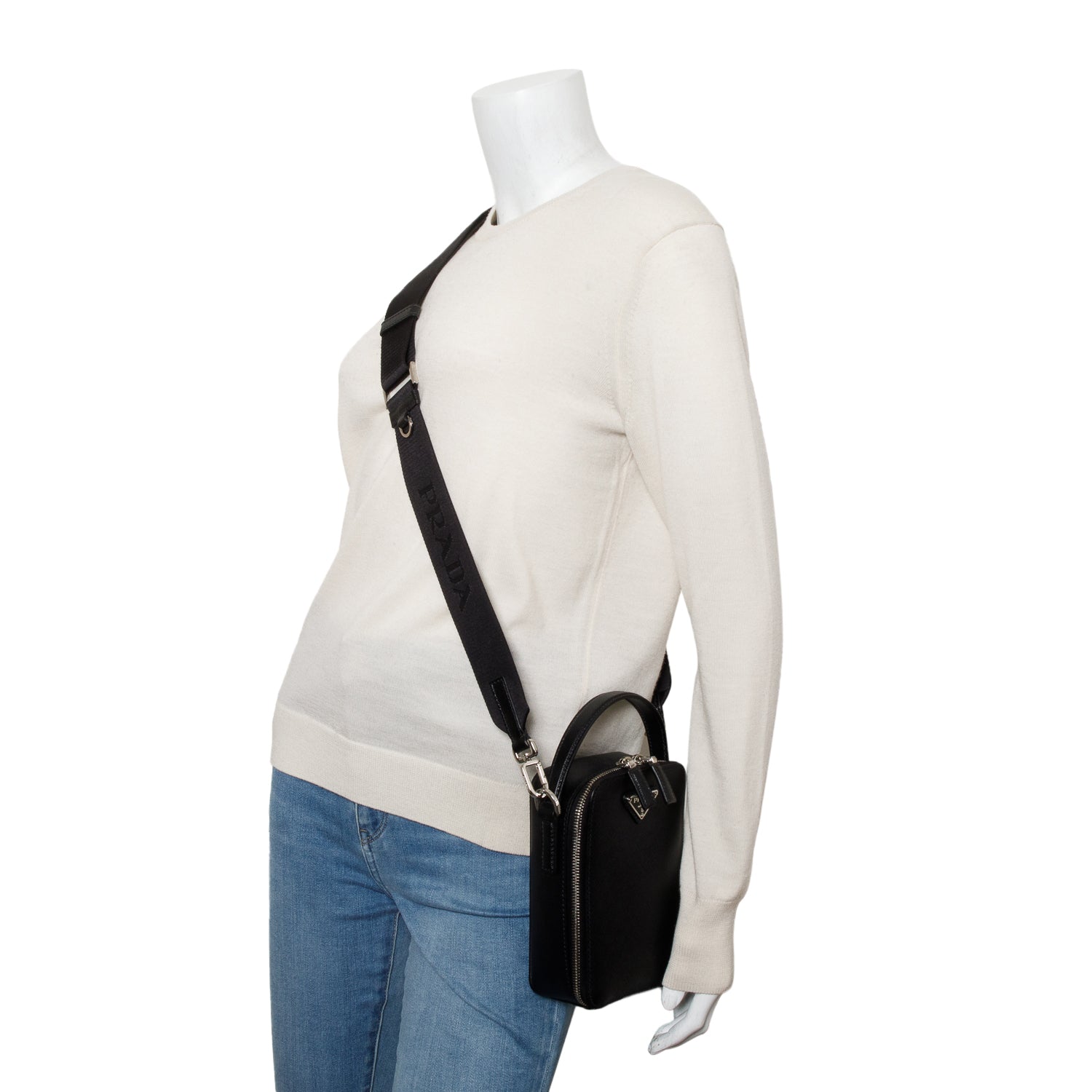 Prada Saffiano Travel Brique Crossbody Bag Leather Black