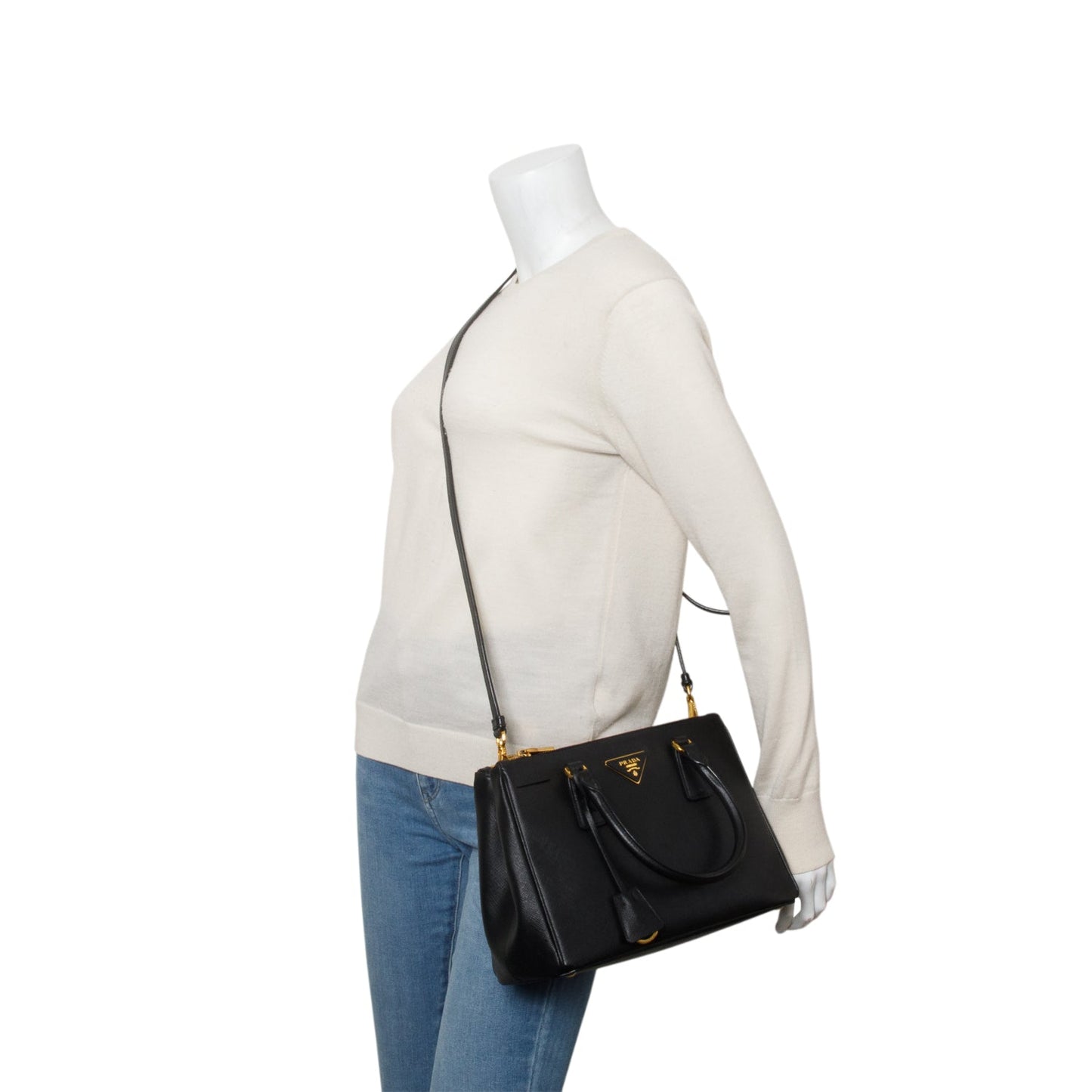 Prada Saffiano Double Zip Galleria Tote Handbag Leather Black Tote Bag