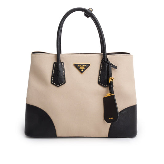 Prada Saffiano Lux And Canapa Galleria Tote Handbag Black Beige Tote Bag