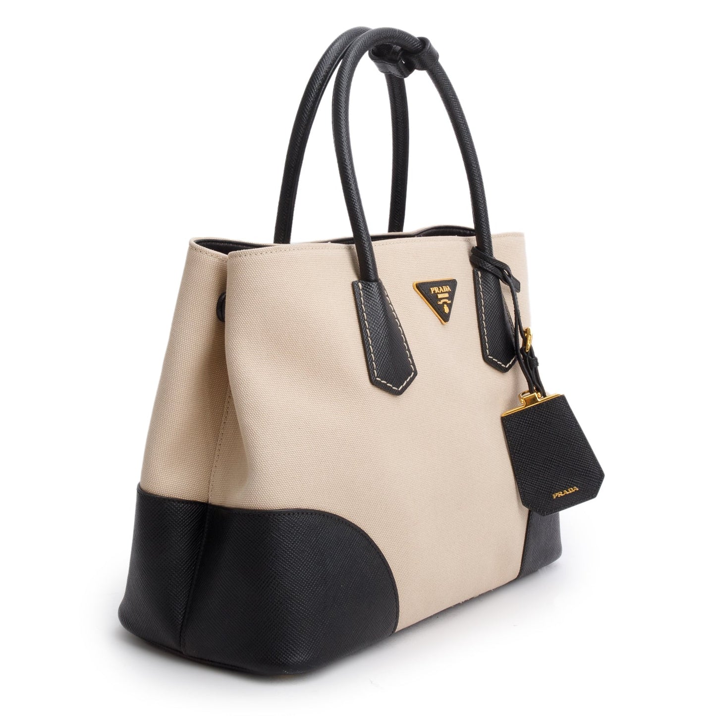 Prada Saffiano Lux And Canapa Galleria Tote Handbag Black Beige Tote Bag