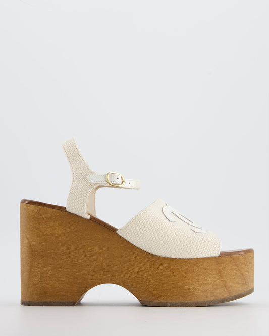 Chanel Cream and Brown Canvas Platform CC Wedge Sandals with Patent Logo Detail Size EU