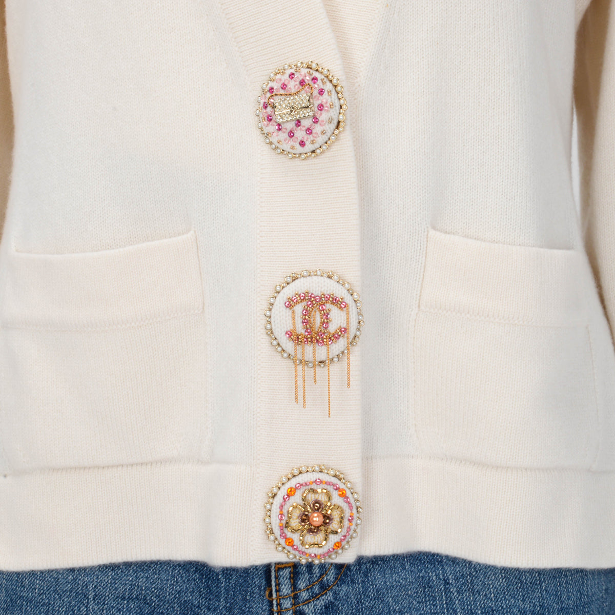 Chanel Cream Cashmere Embellished Button Cardigan FR 46 Apparel