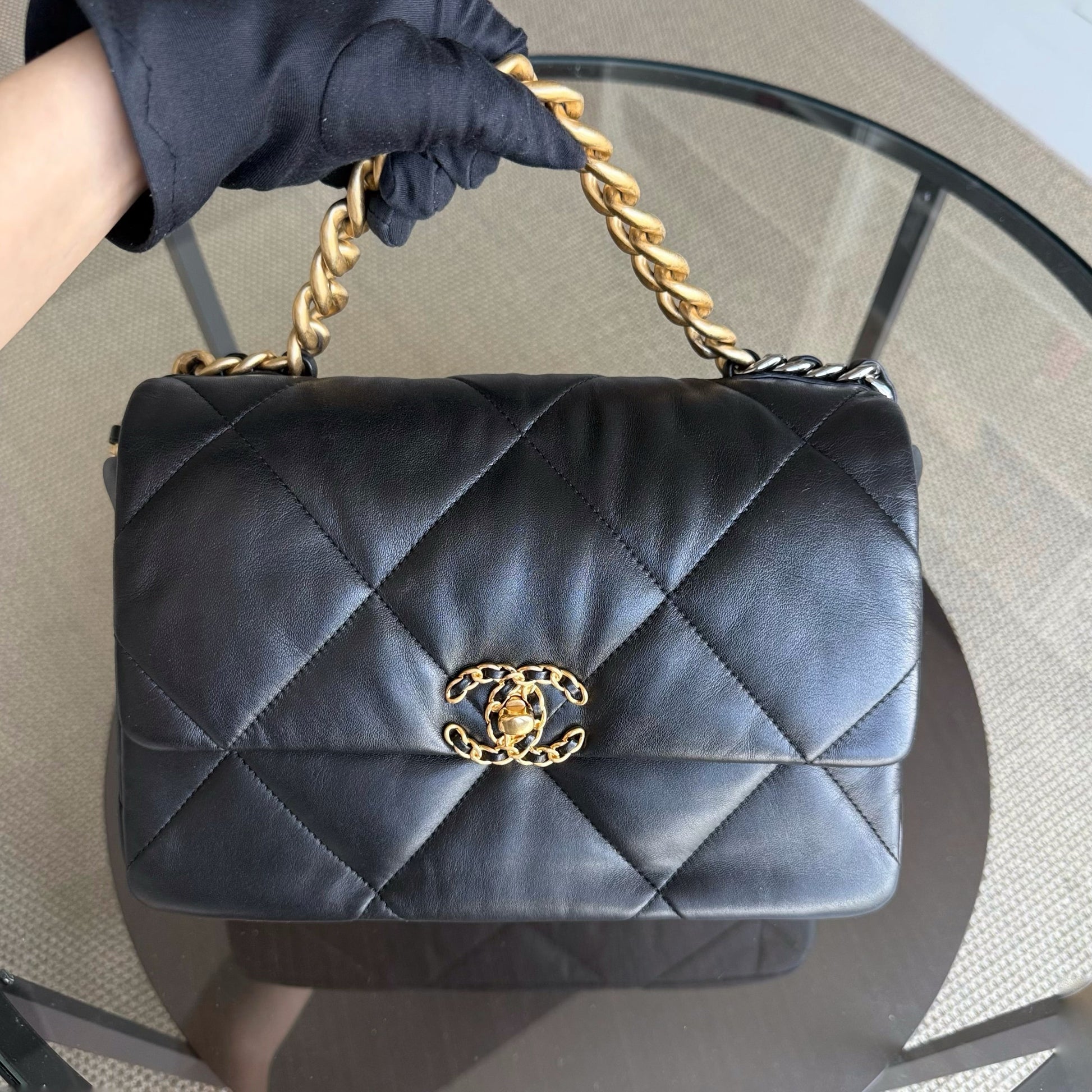 Chanel 19 Bag Medium - Goatskin Two-Tone Hardware Quilted Black Handbag Microchip Medium