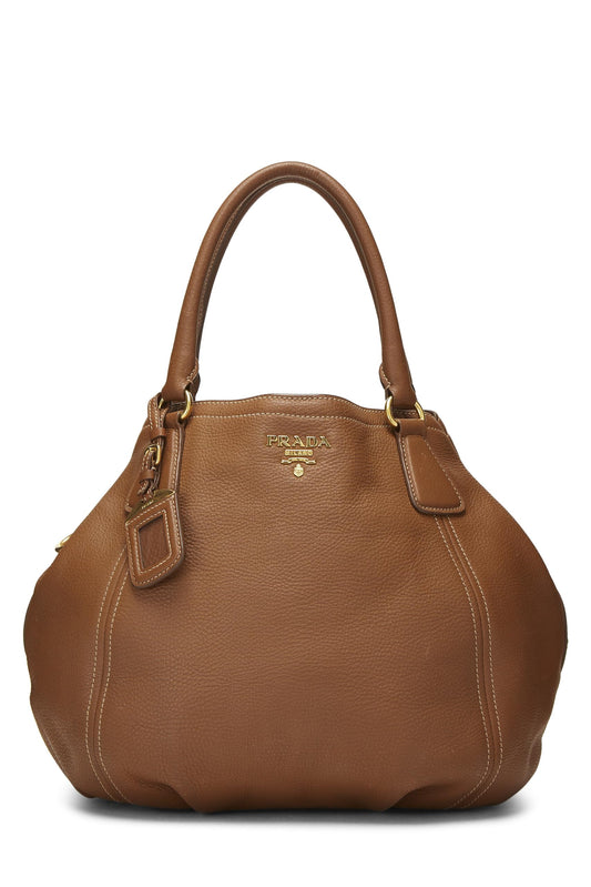 Prada Daino Convertible Handbag Vitello Brown Medium Travel Bag
