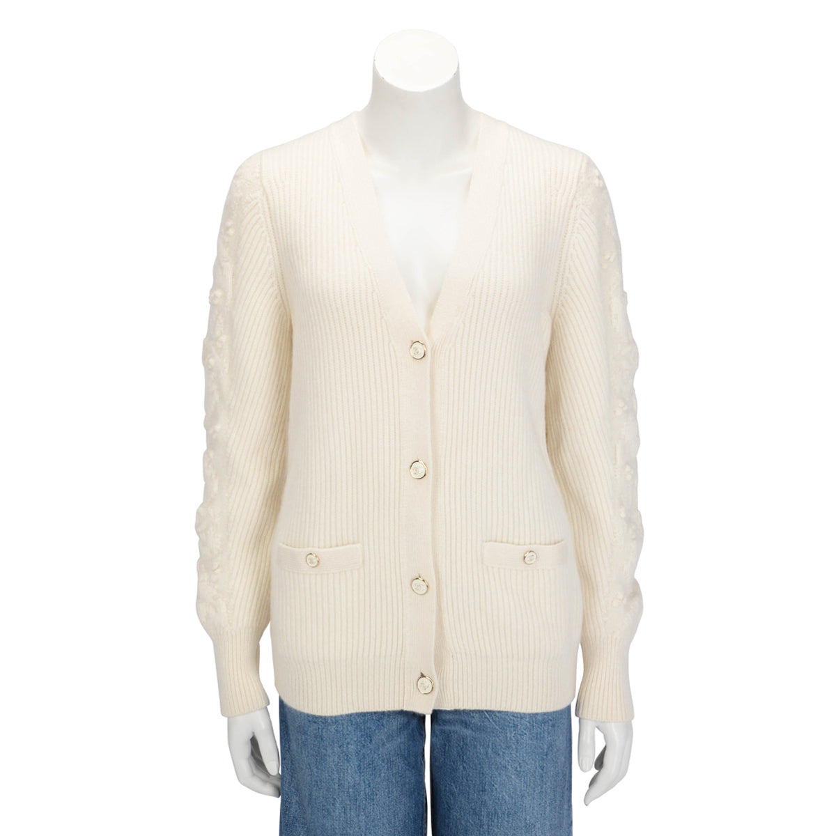 Chanel Ecru Ribbed Cashmere Classic Cardigan FR 38 Apparel