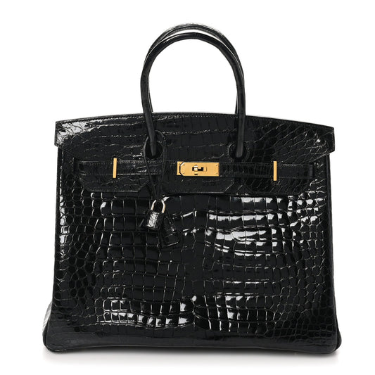 Hermes Shiny Porosus Crocodile Birkin Handbag Black Travel Bag 35 Black 1665761