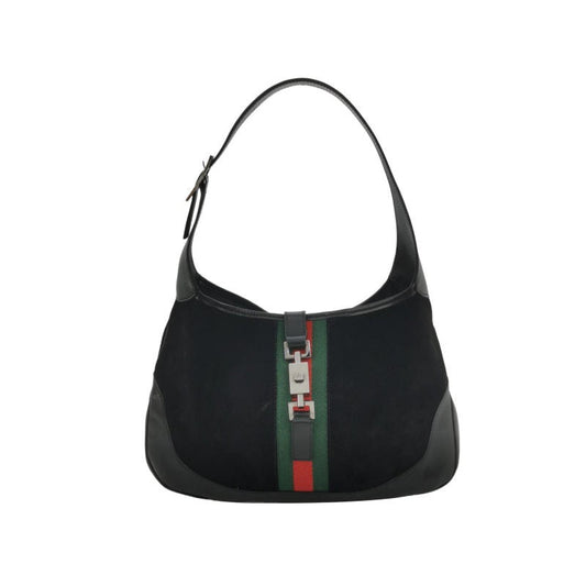 Gucci Jackie Web Leather Suede Black Green Shoulder Bag