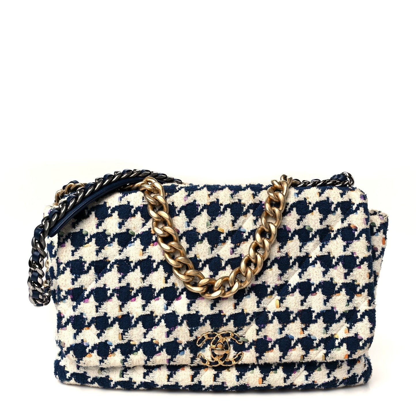 Chanel Tweed Quilted Maxi 19 Flap Ecru Navy Blue Multicolor Accessory