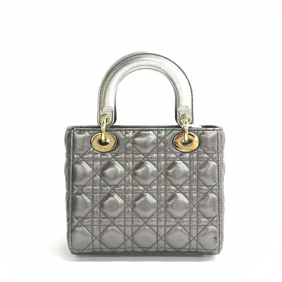 Dior Lady Abc Metallic Grey Cannage Lambskin Handbag Small Travel Bag