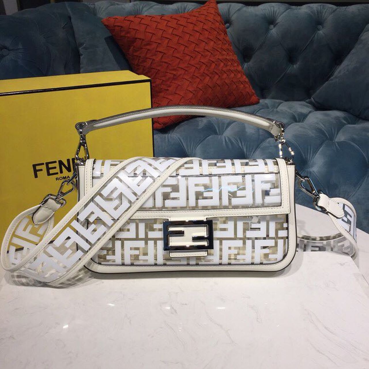 Fendi Top QualityTop Quality Baguette Nappa White FF Crossbody Bag