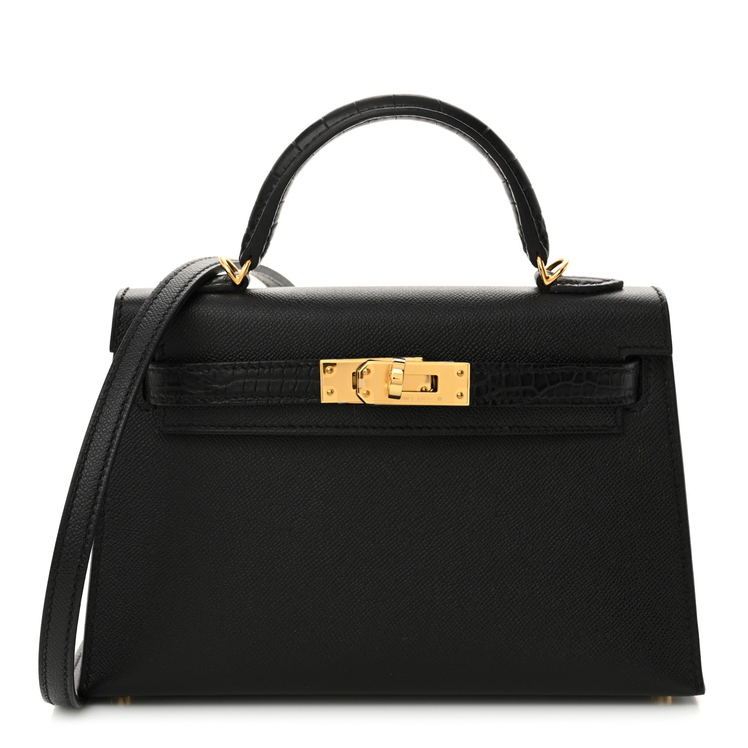 Hermes Madame Calfskin Matte Alligator Kelly Sellier Touch Handbag Black Mini Travel Bag