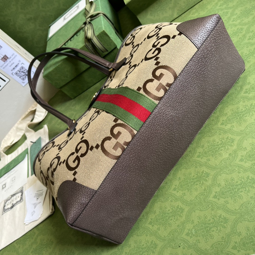 gg Ophidia Jumbo gg Camel Canvas Medium Tote Bag