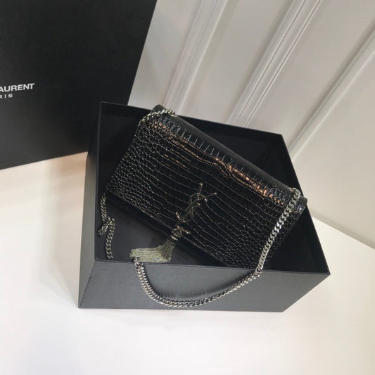 YSL Saint Laurent Kate Tassel Embossed Crocodile 9in Black Medium Chain Handbag Ysl 354119Dnd0N1000