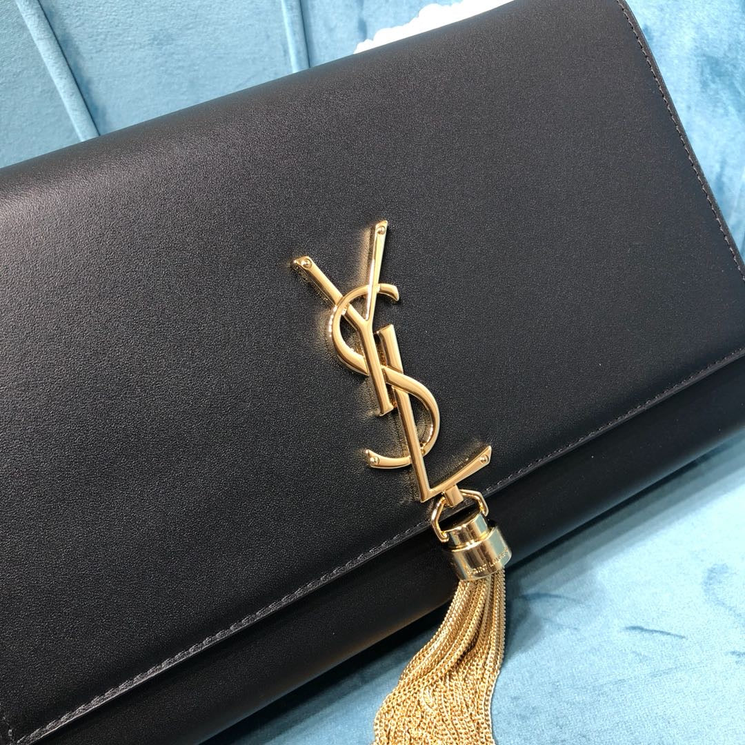YSL Saint Laurent Kate Tassel 9in 24cm Grain De Poudre Black Medium Chain Handbag