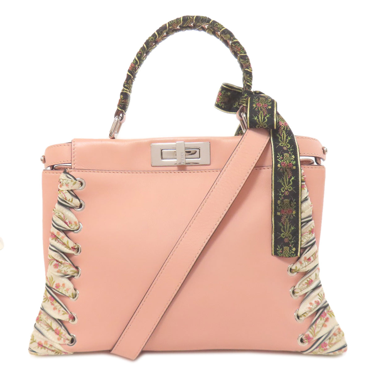Fendi Handbag Calfskin Peekaboo Ribbon Stitch 2Way Women Pink Travel Bag