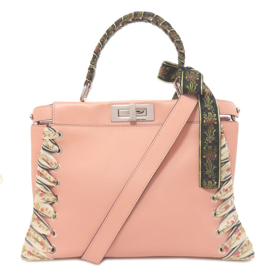 Fendi Handbag Calfskin Peekaboo Ribbon Stitch 2Way Women Pink Travel Bag