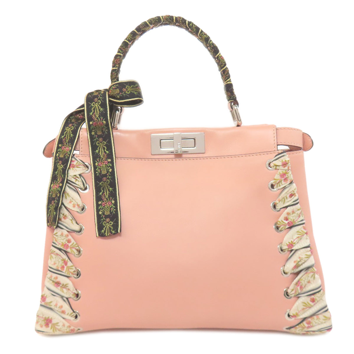 Fendi Handbag Calfskin Peekaboo Ribbon Stitch 2Way Women Pink Travel Bag