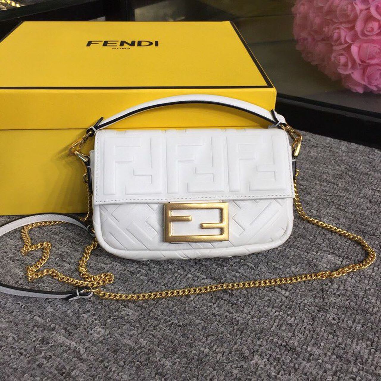 Fendi Top QualityTop Quality Baguette Nappa White FF Crossbody Bag Ff 8Bs017A72Vf15Ao