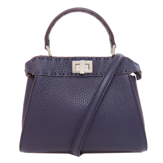 Fendi Handbag Calfskin Peekaboo Selleria 2Way Women Navy Mini Travel Bag