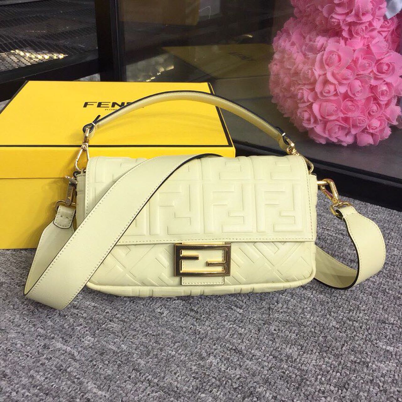 Fendi Top QualityTop Quality Baguette Nappa Cream FF Crossbody Bag