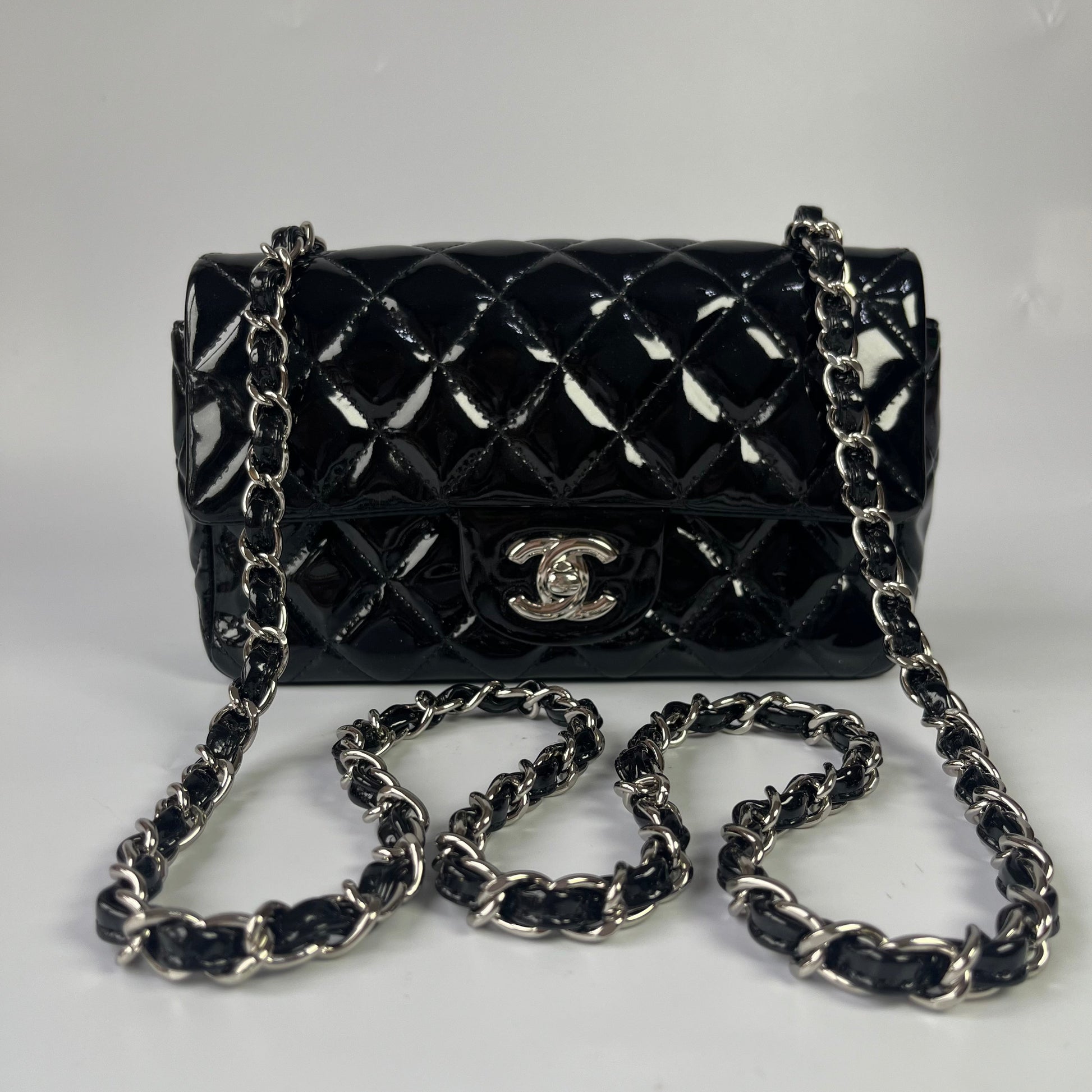 Chanel Classic Flap Rectangular Patent Hardware Black Silver Leather Mini Bag