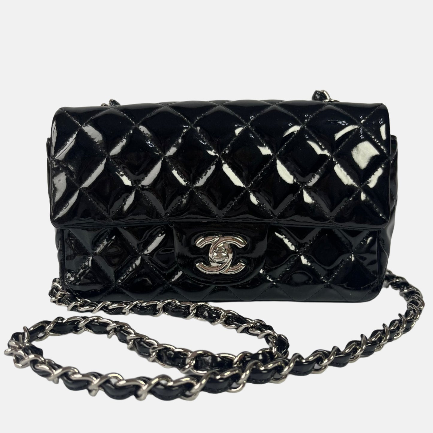 Chanel Classic Flap Rectangular Patent Hardware Black Silver Leather Mini Bag