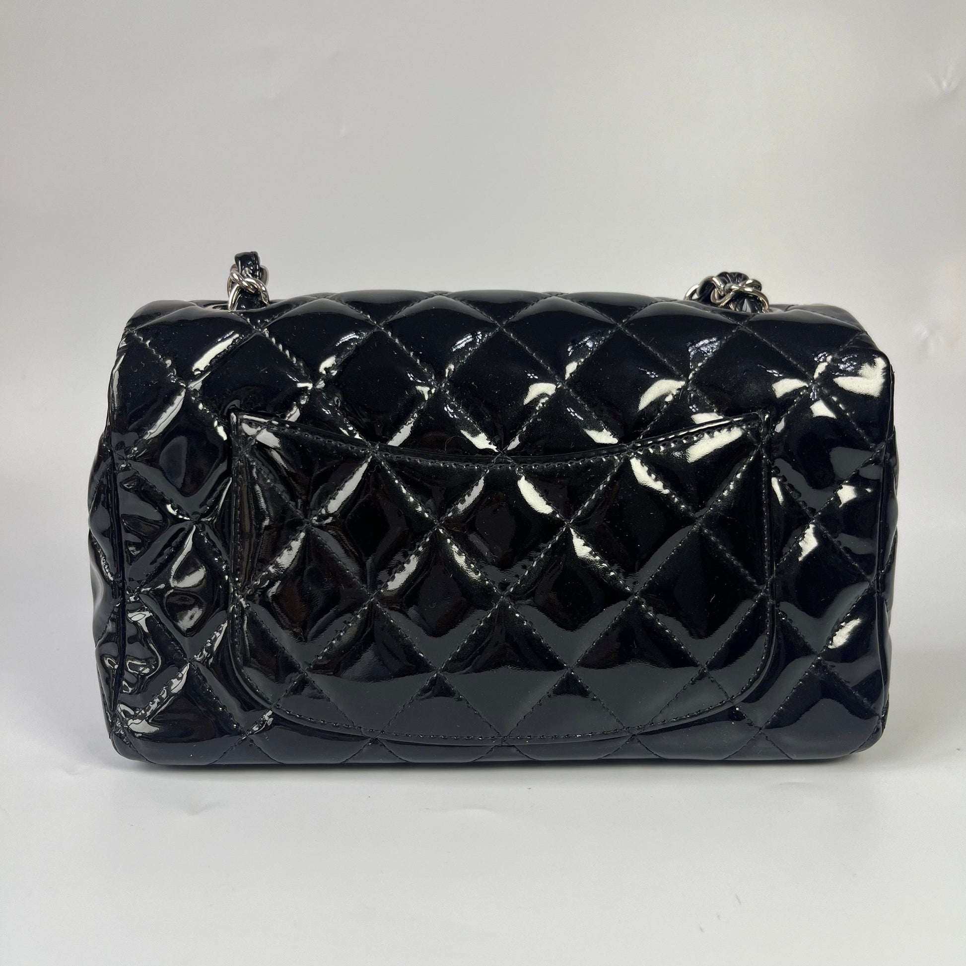 Chanel Classic Flap Rectangular Patent Hardware Black Silver Leather Mini Bag