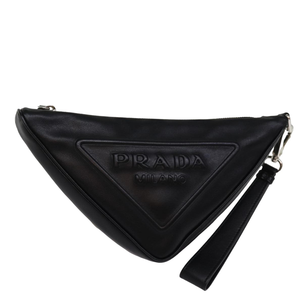 Prada Triangle Clutch Bag Auth Leather Black