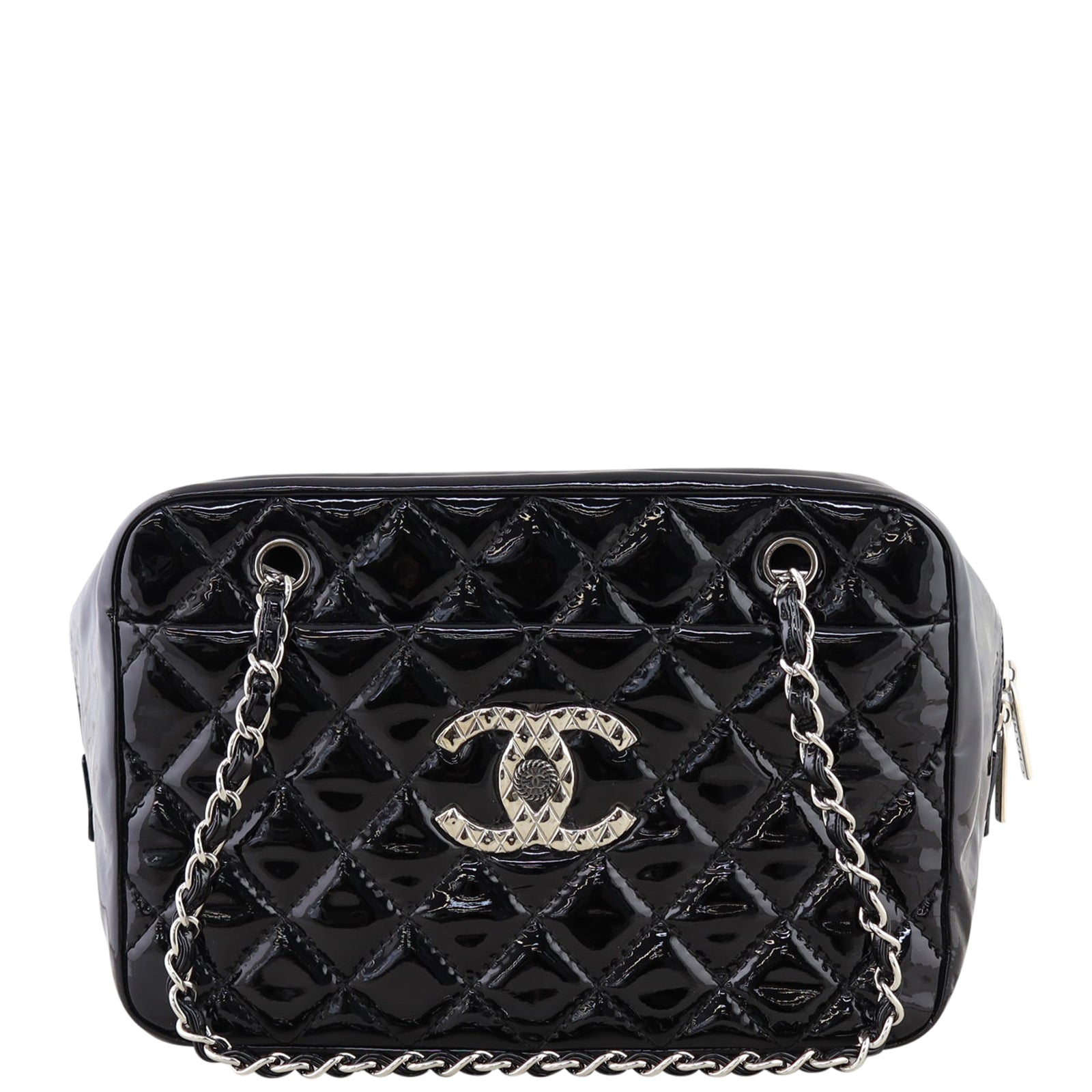 Chanel Brilliant Patent Camera Bag Patent Quilted Black Handbag