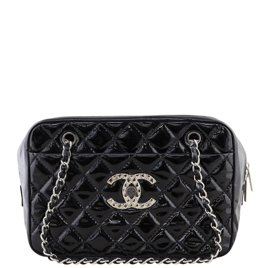 Chanel Brilliant Patent Camera Bag Patent Quilted Black Handbag