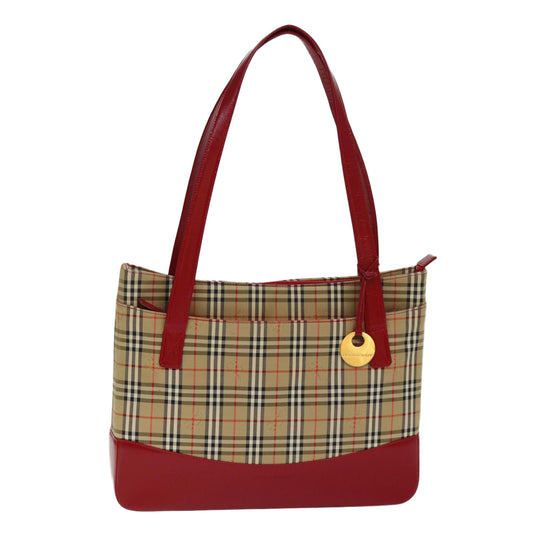 Burberry Luxury Nova Check Tote Bag Auth Leather Canvas Beige Red Auth 77506