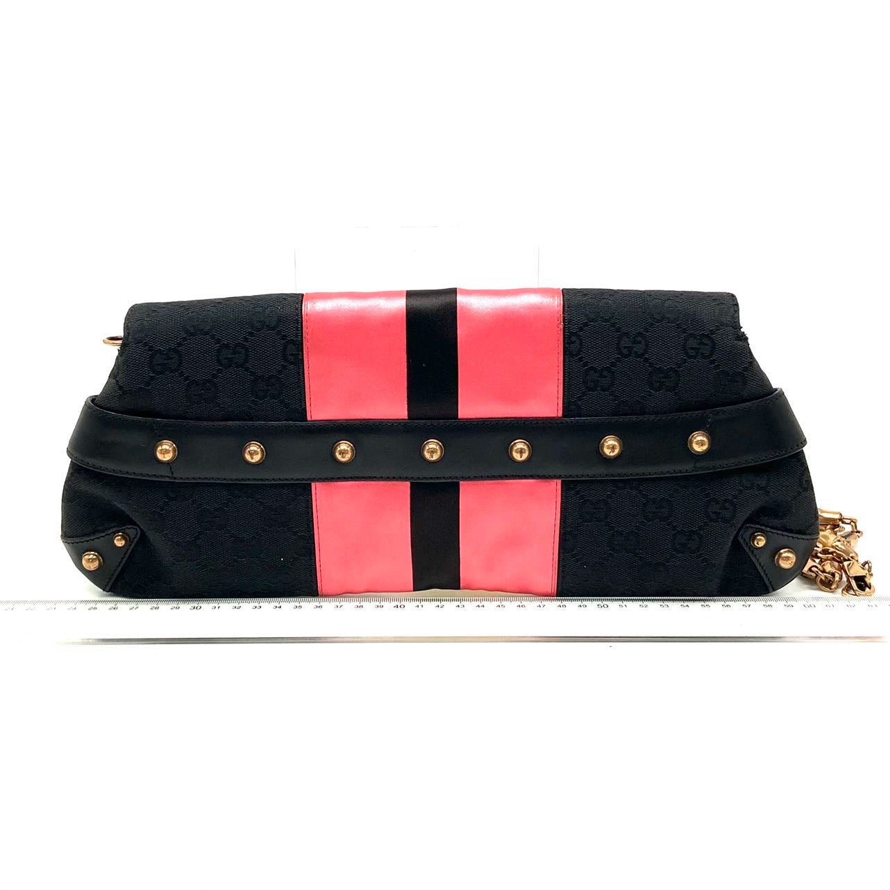 Gucci Horsebit Chain Silk Monogram Black Pink Large Shoulder Bag Silk 2