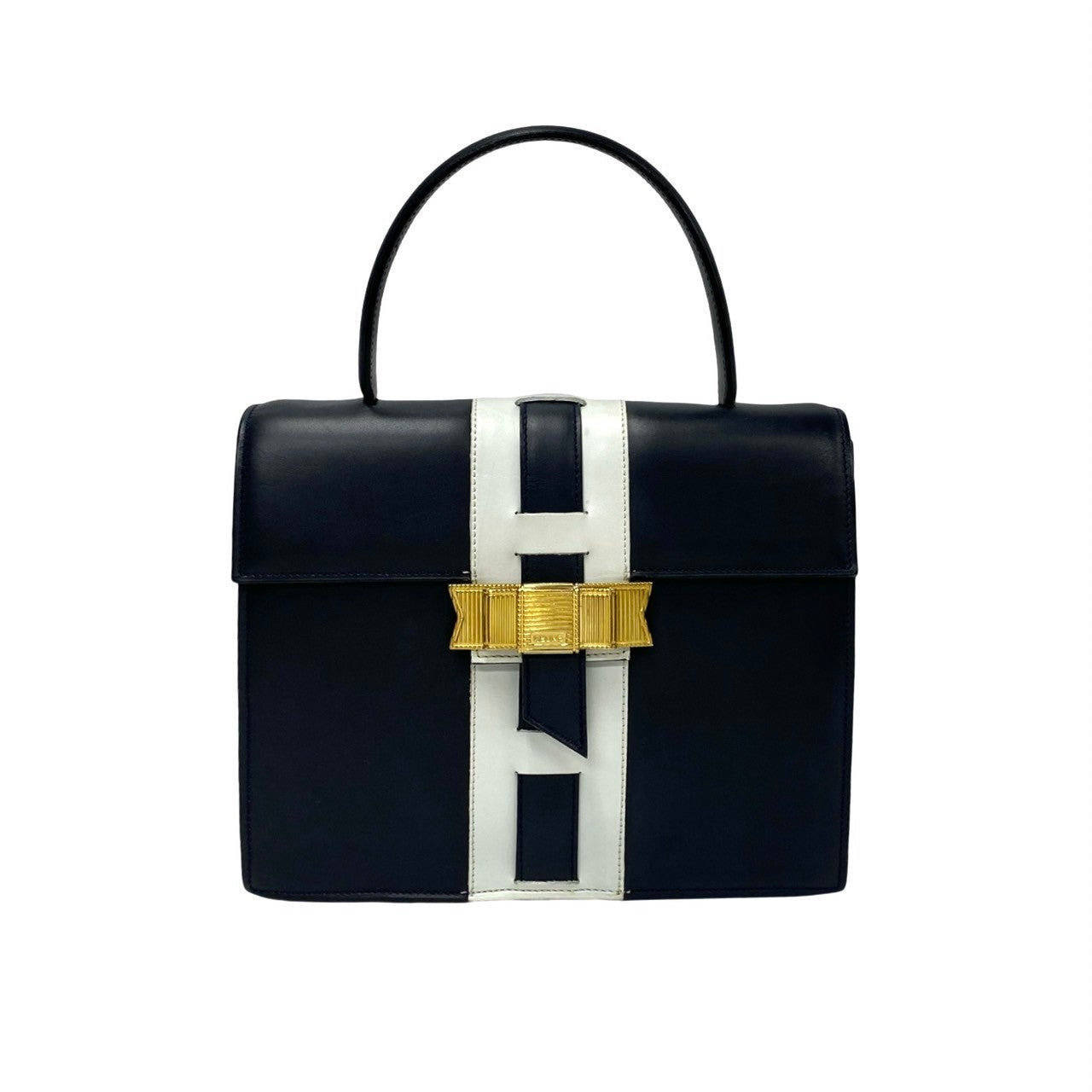 Navy Ribbon Metal Women Leather Logo Travel Bag