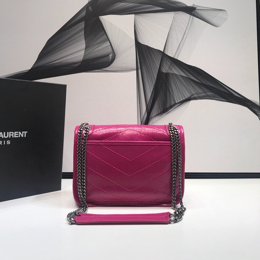 YSL Saint Laurent Niki Baby Crinkled Dark 8in Pink Chain Travel Bag