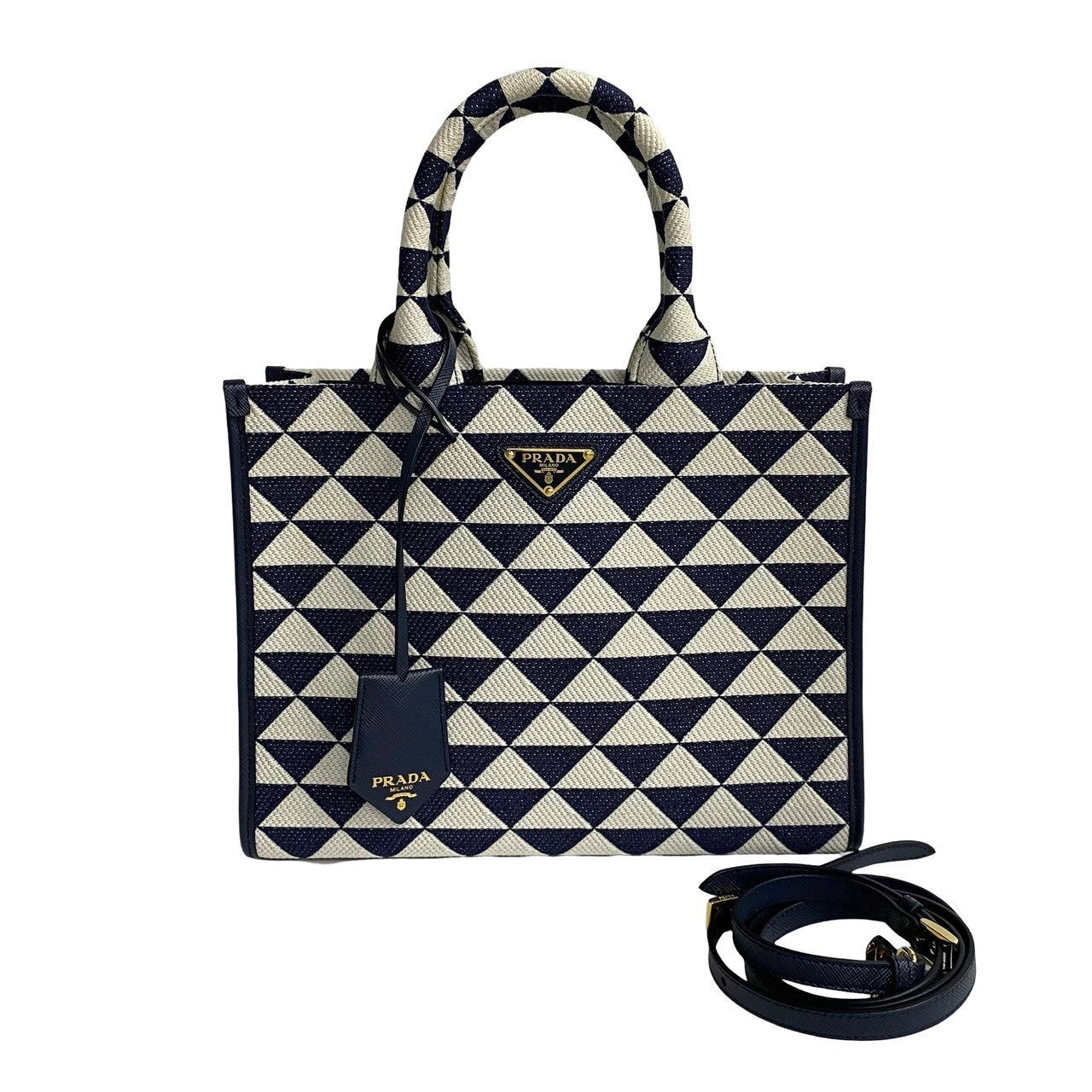 Navy Triangle Logo Metal Symbol Embroidery Fabric Leather Canvas Travel Bag
