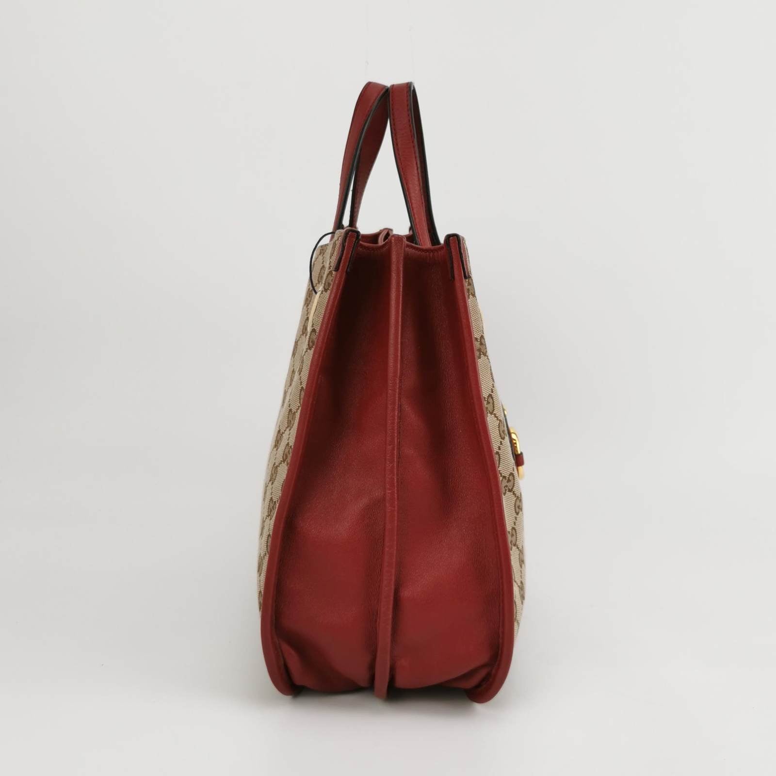 Gucci Horsebit Chain Red Monogram Leather Canvas Brown Tote Bag
