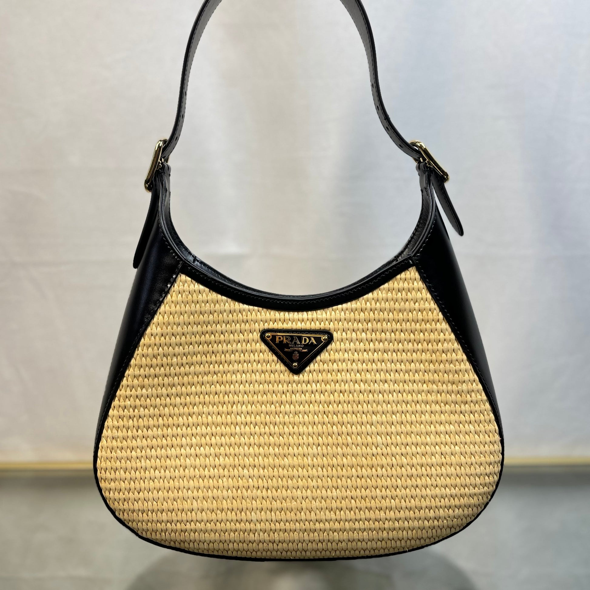 Prada Natural Calfskin Shoulder Bags Leather Raffia Black