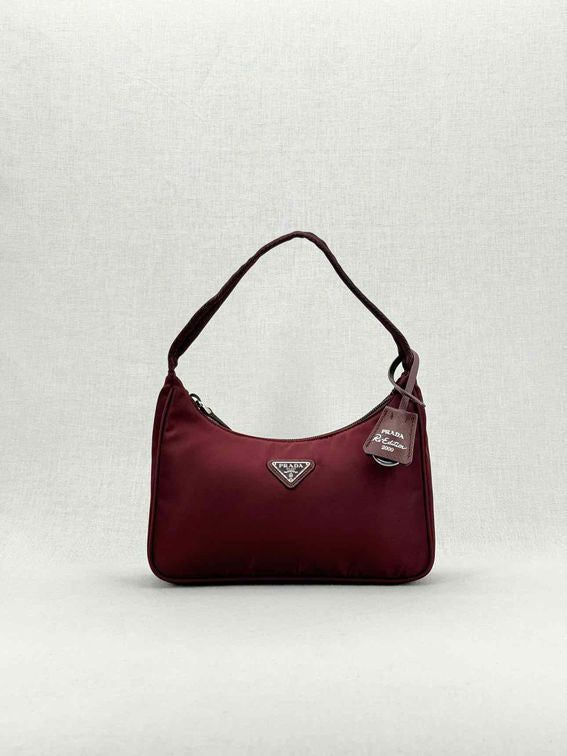 Prada Re-Edition Burgundy Shoulder Bag Canvas Nylon Silver