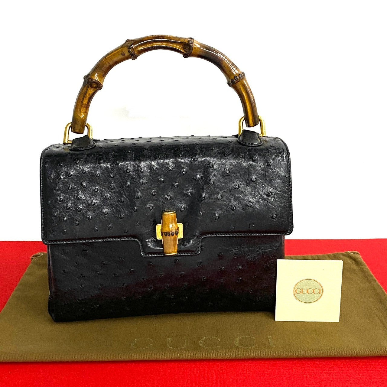 Gucci Bamboo Ostrich Handbag Leather Travel Bag