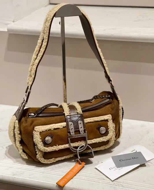 Dior Flight Shoulder Bag Shearling Brown Tan