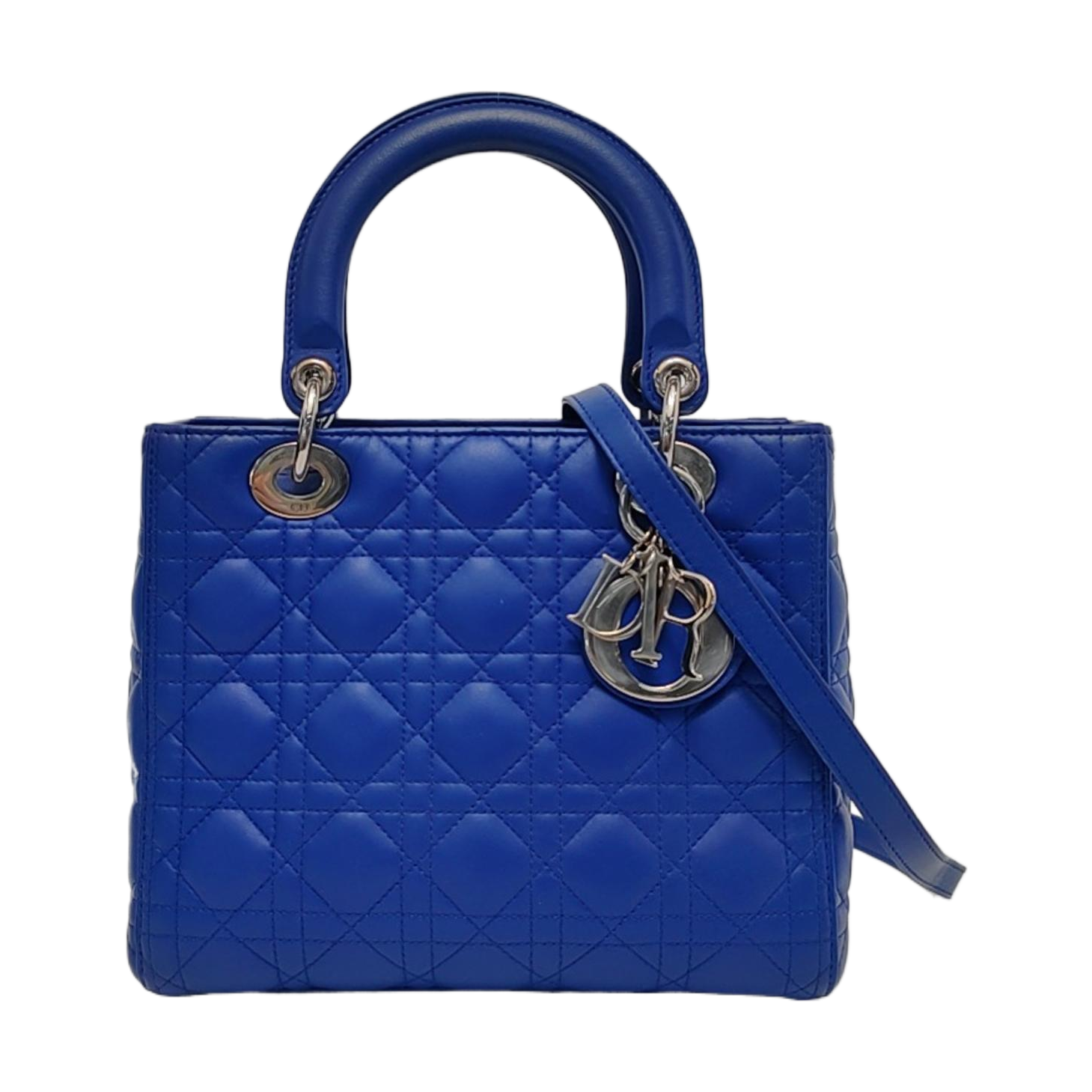 Dior Lady Medium Royal Lambskin Hardware Handbag Leather Blue Travel Bag