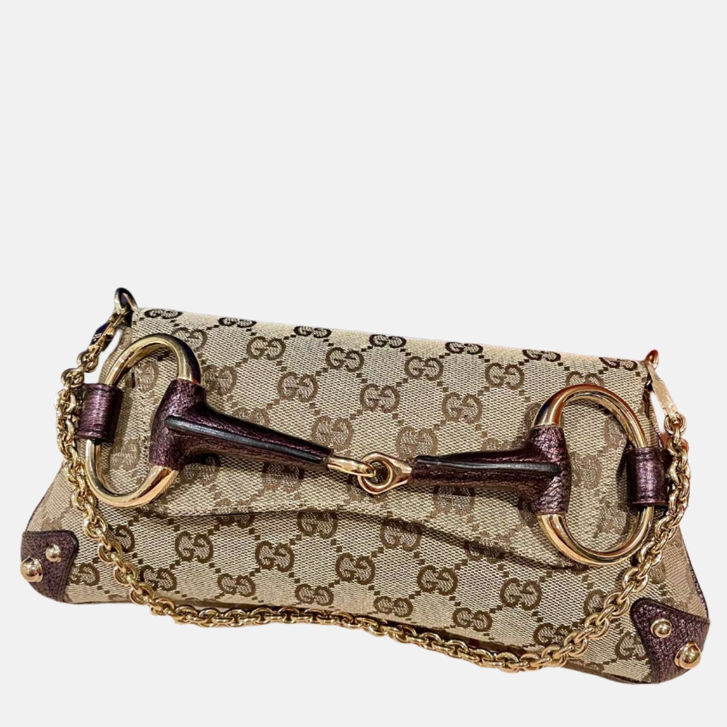 Gucci Horsebit Iridescent Purple Studs Monogram Leather Gold Chain Travel Bag