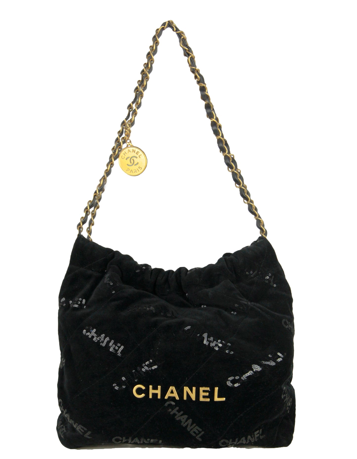 Chanel Black Velvet Sequins 22 Tote Bag