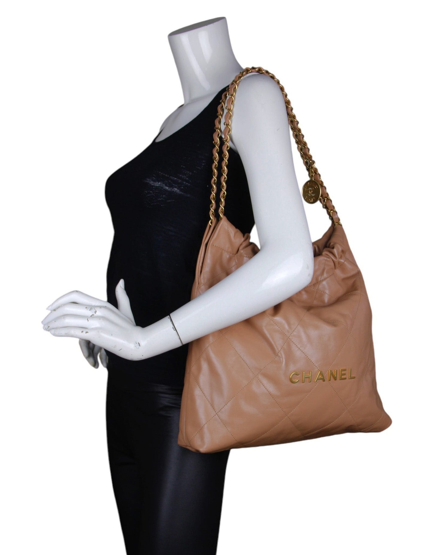 Chanel Dark Beige Leather Quilted 22 Tote Bag