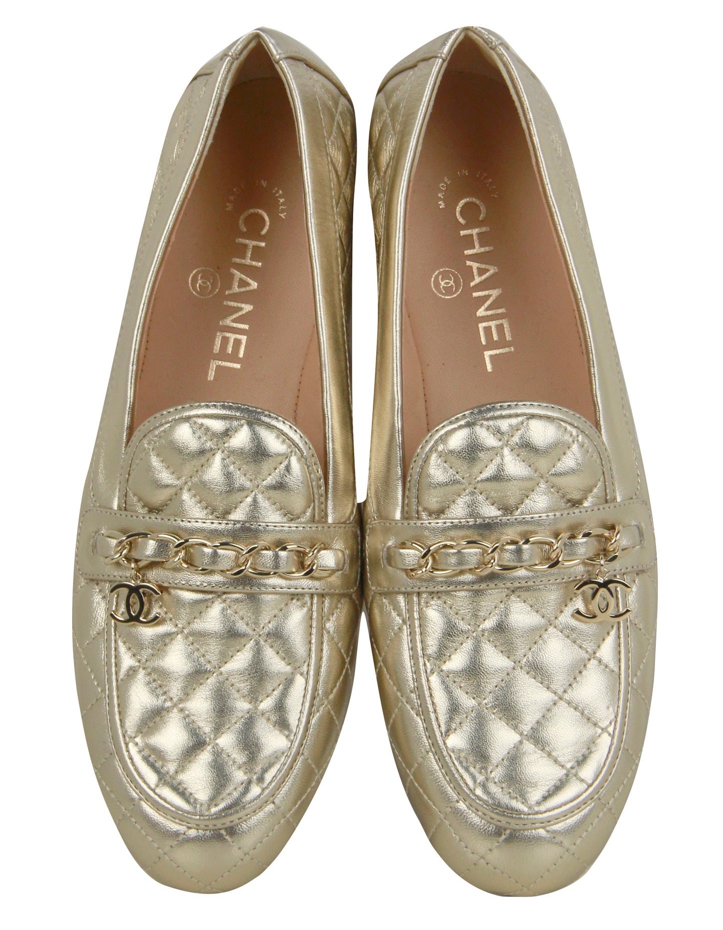 Chanel Gold Lambskin Quilted Chain CC Loafers sz