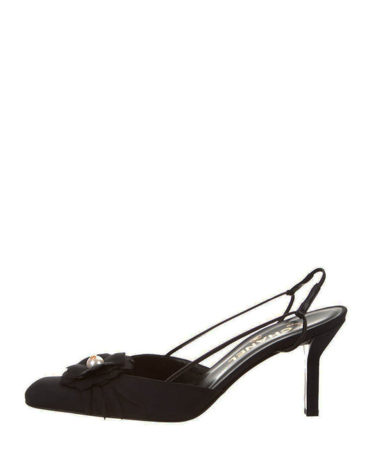 Chanel Black Grosgain Slingbacks with CC Pearl Camellia sz 37.5 Accessory
